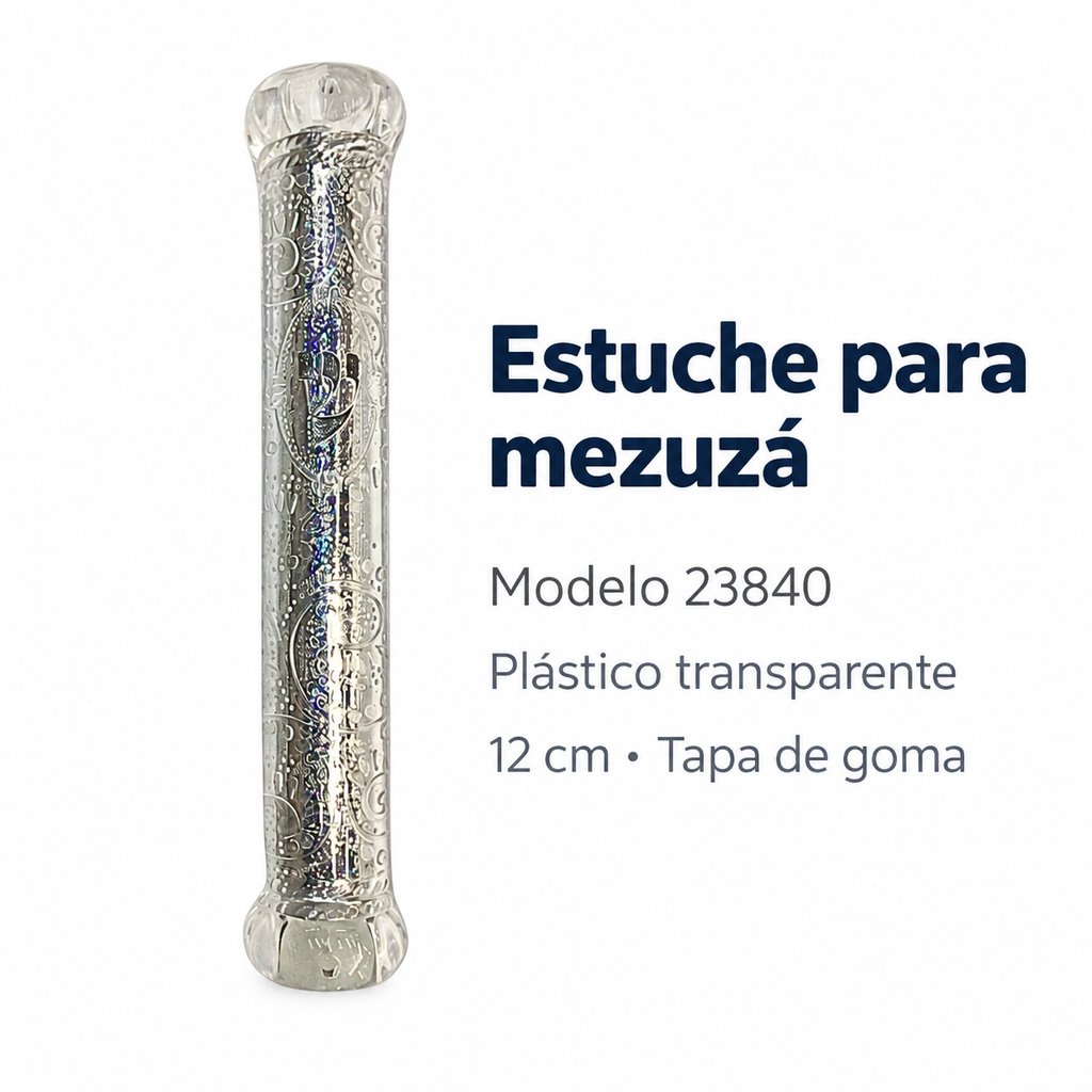 Estuche transparente para mezuzá 23840 con letra Shin y decoración brillante; ficha de características