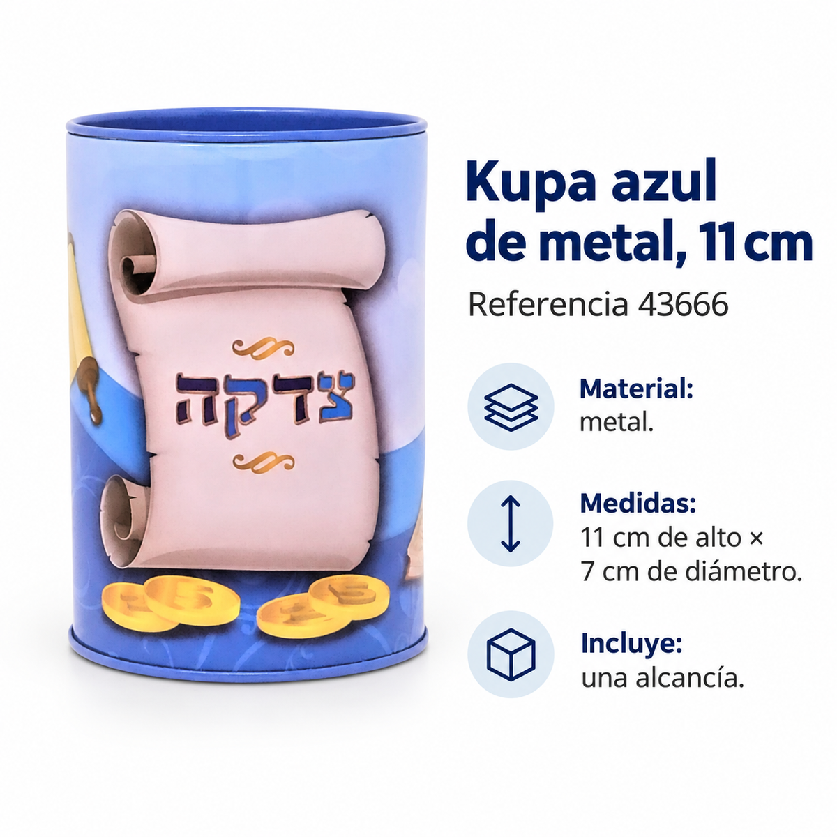 Kupa azul de metal, 11 cm, referencia 43666; ficha con detalles del producto