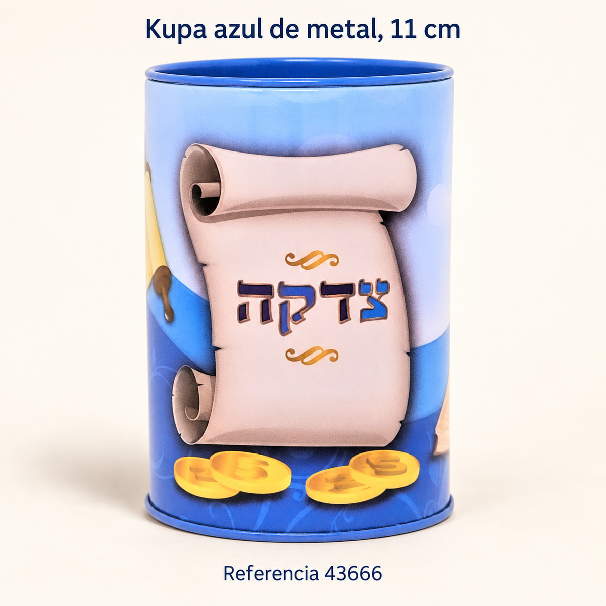 Kupa azul de metal, 11 cm, referencia 43666; presentación del diseño
