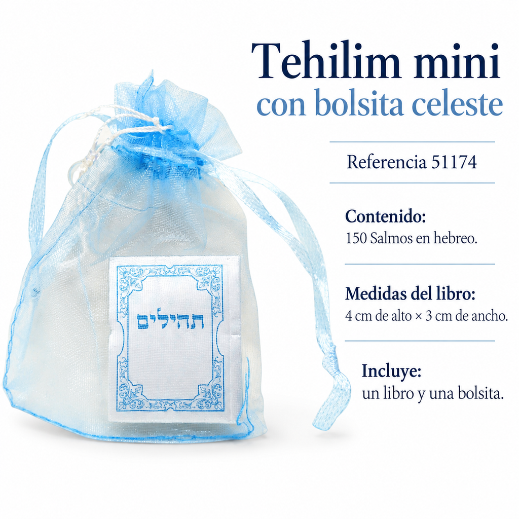 Tehilim mini con bolsita celeste, referencia 51174; ficha con detalles del producto