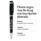 Pluma negra Ana Be-Koaj con inscripción plateada; ficha de características