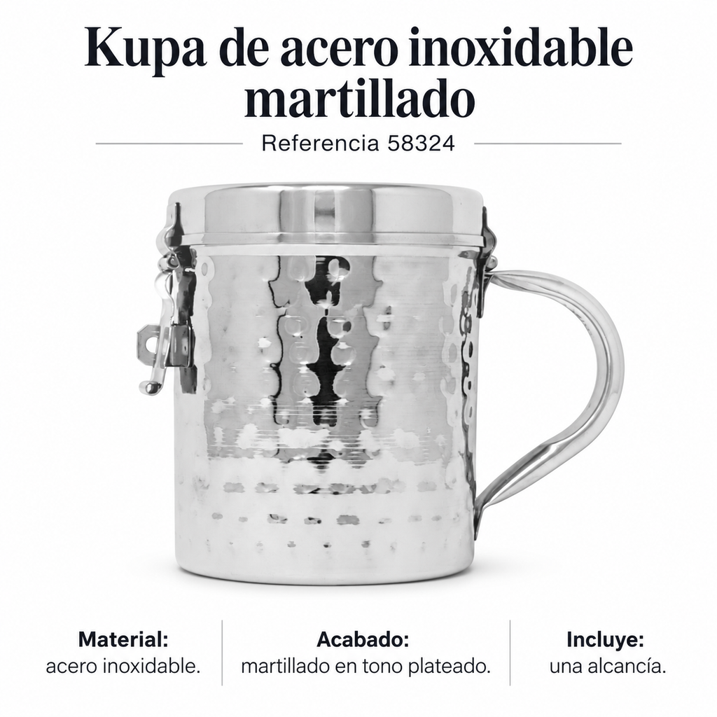 Kupa de acero inoxidable martillado, referencia 58324; ficha con detalles del producto