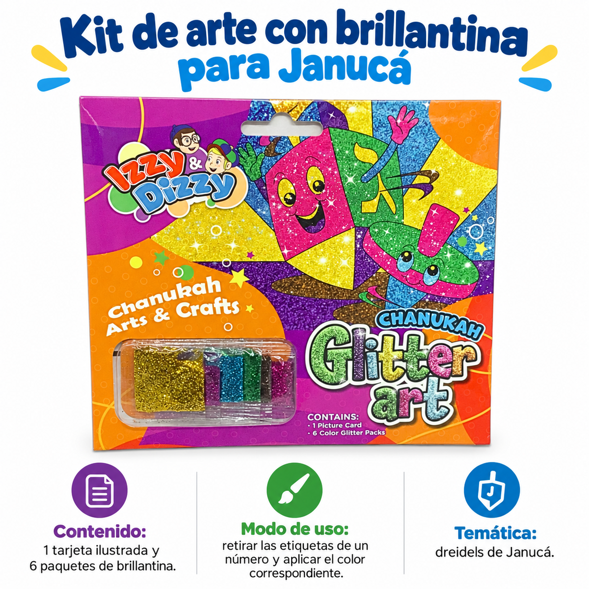 Kit de arte con brillantina para Janucá; ficha de características