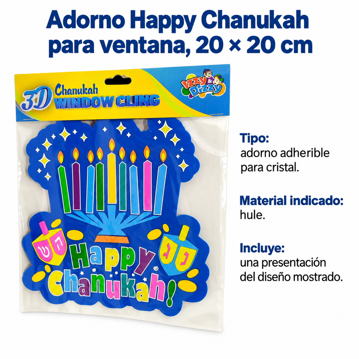 Adorno Happy Chanukah para ventana, 20 × 20 cm; ficha de características