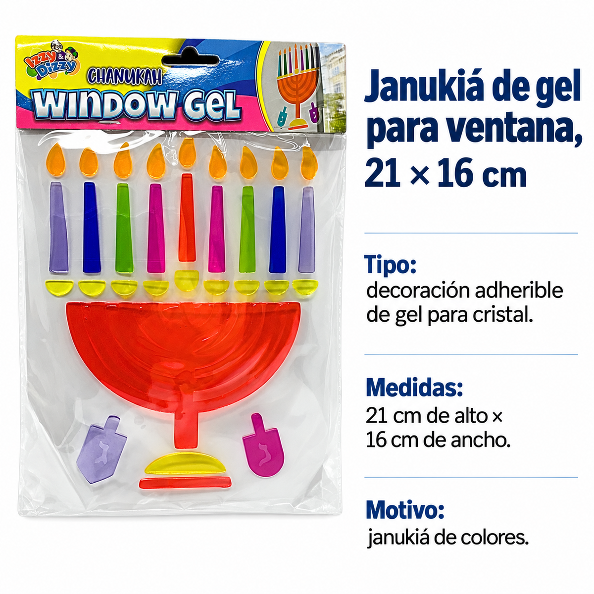 Janukiá de gel para ventana, 21 × 16 cm; ficha de características