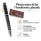 Pluma negra de las 7 bendiciones, plateada; ficha de características