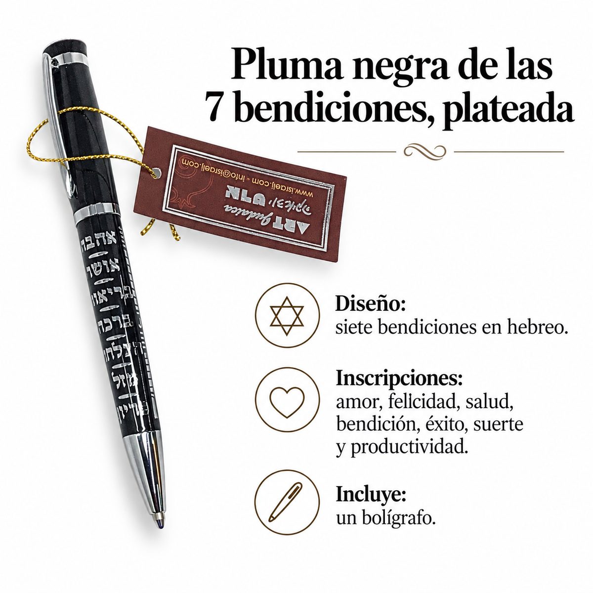 Pluma negra de las 7 bendiciones, plateada; ficha de características