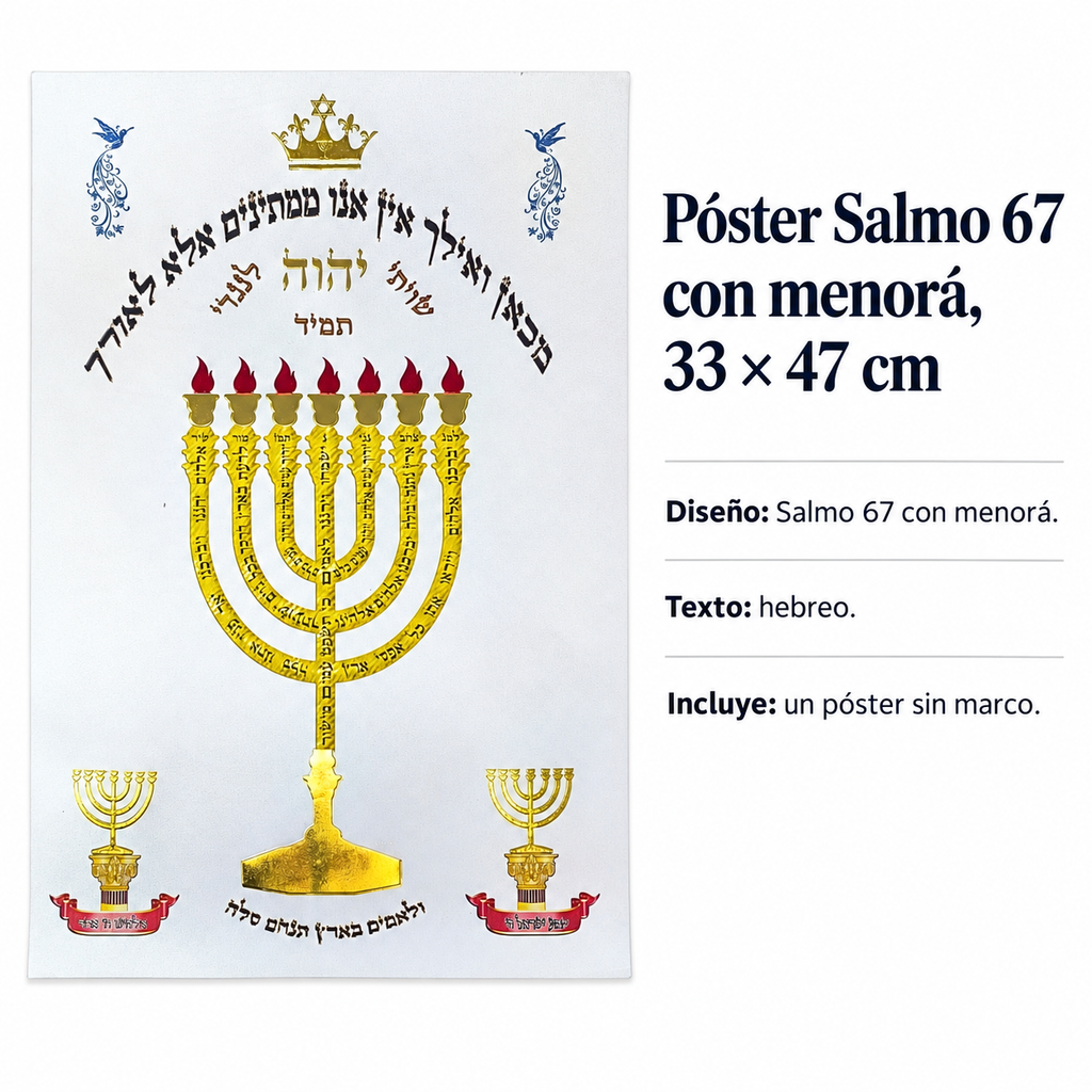 Póster Salmo 67 con menorá, 33 × 47 cm; ficha de características