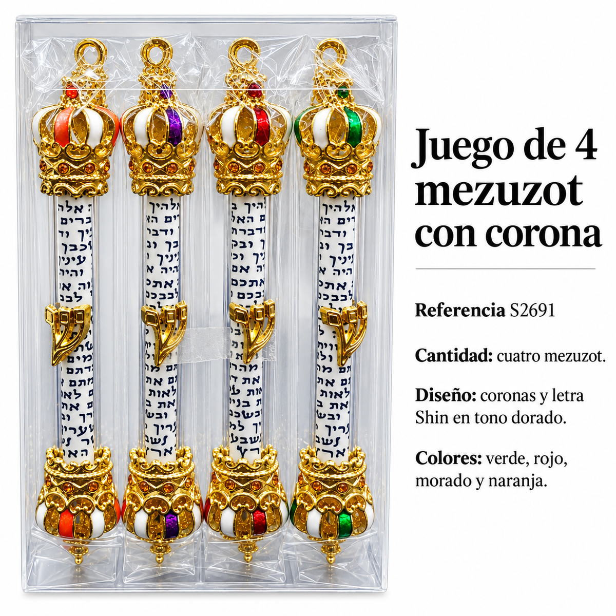 Juego de 4 mezuzot con corona, referencia S2691; ficha con detalles del diseño