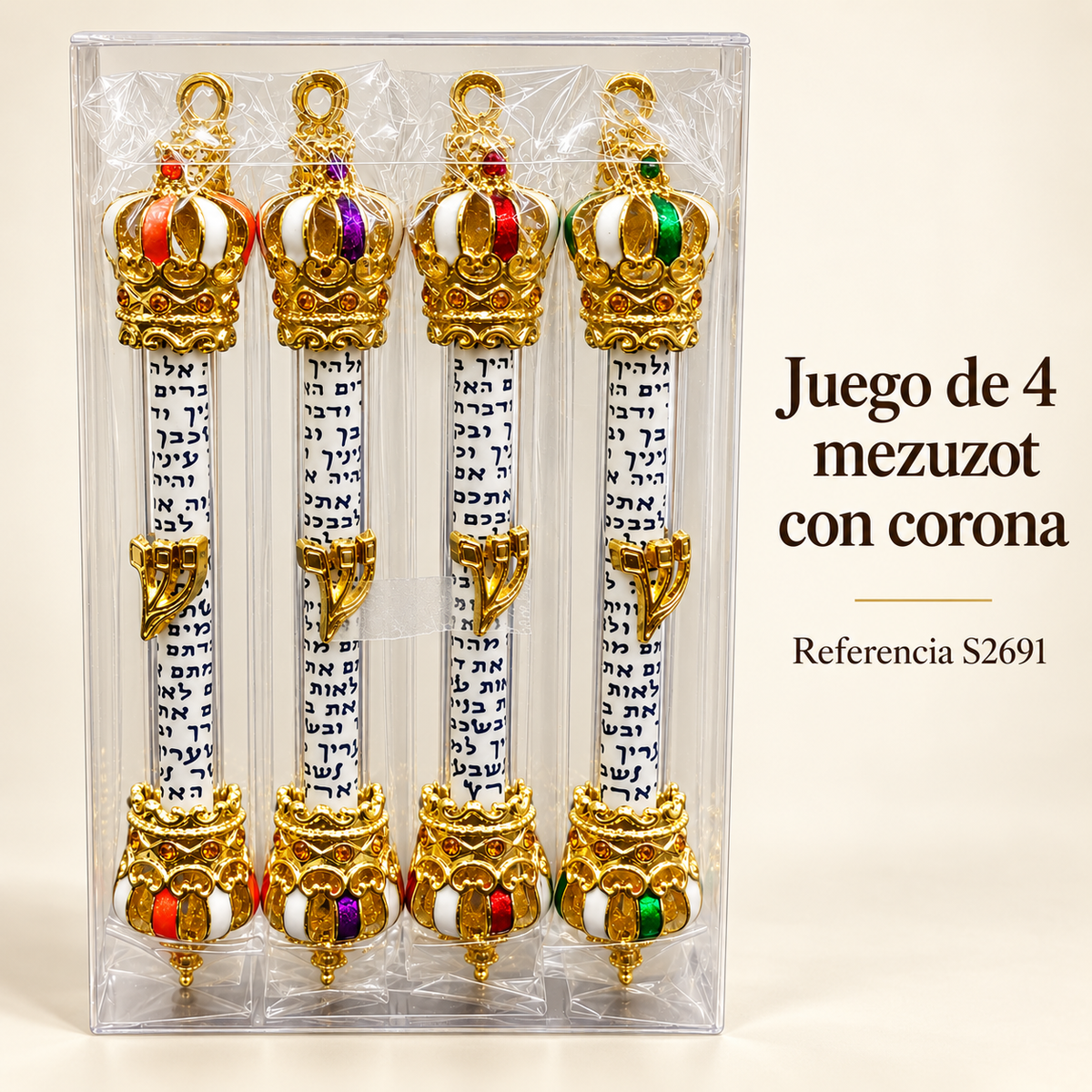 Juego de 4 mezuzot con corona, referencia S2691; presentación del producto