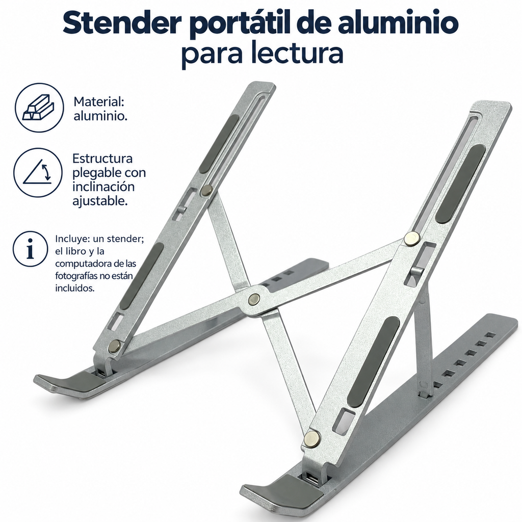 Stender portátil de aluminio para lectura; ficha de características