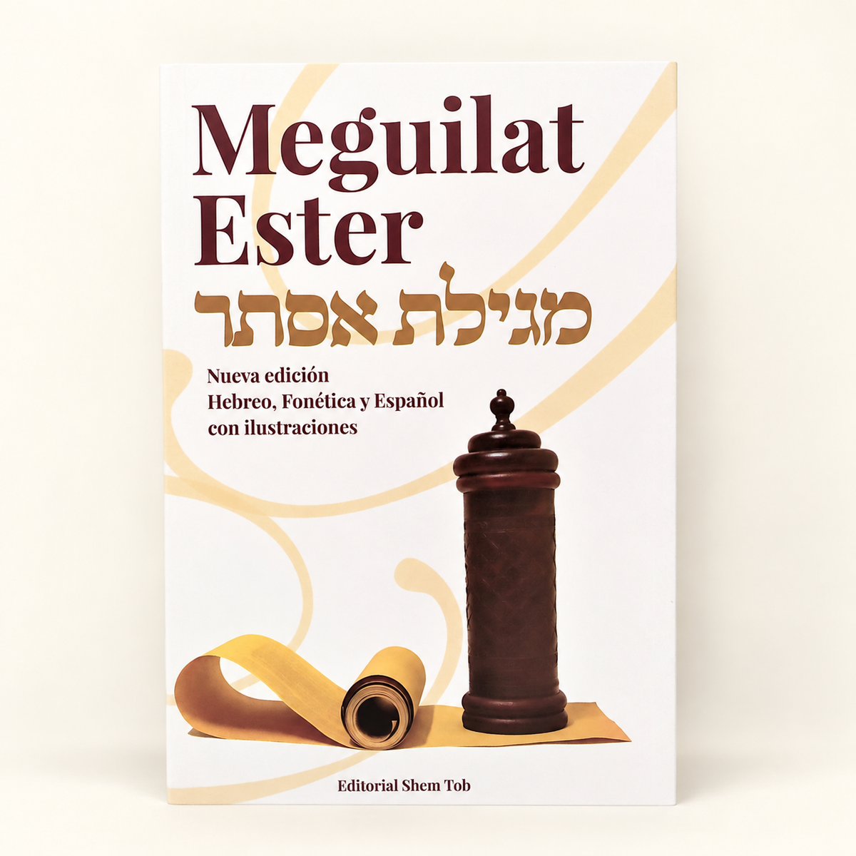 Portada de Meguilat Ester de Editorial Shem Tob, con hebreo, fonética, español e ilustraciones. Fondo de catálogo claro.