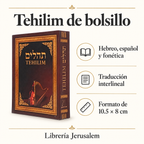 Ficha visual de Tehilim Shem Tob de bolsillo: hebreo, español y fonética; traducción interlineal y formato de 10.5 × 8 cm.