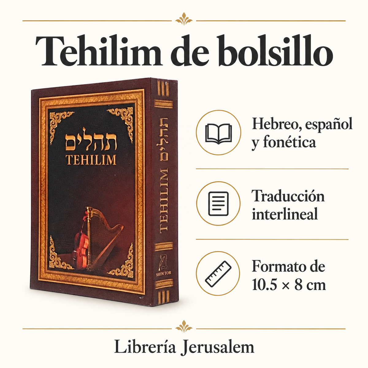 Ficha visual de Tehilim Shem Tob de bolsillo: hebreo, español y fonética; traducción interlineal y formato de 10.5 × 8 cm.