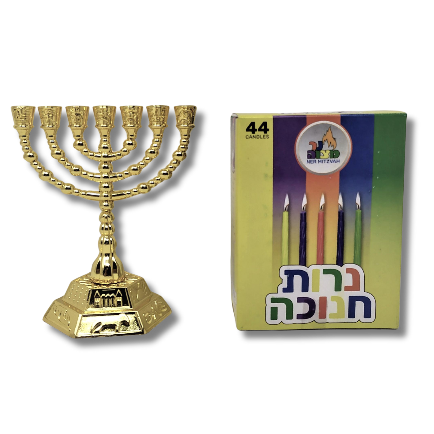 Set of 12 Shiny Gold Tribes Menorah 11 cm with candles 11259