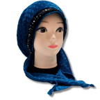 Kisui Rosh de licra azul acero, modelo 20127; textura ondulada y banda decorativa oscura, mostrado sobre maniquí