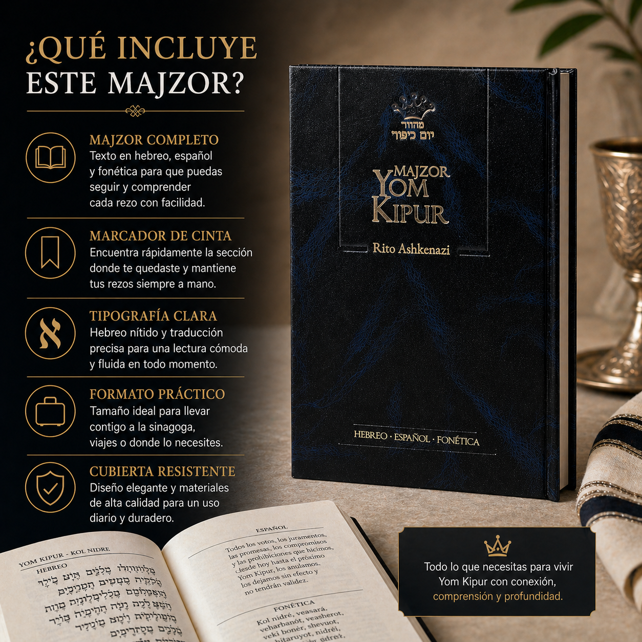 Majzor de Yom Kipur ashkenazí hebreo español con fonética | Nusaj Ashkenaz completo | Ideal para Altas Fiestas