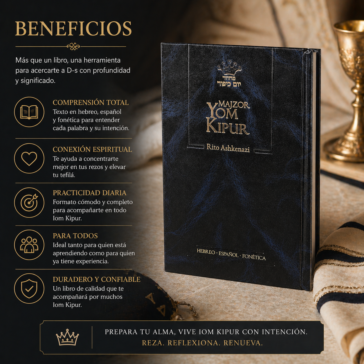 Majzor de Yom Kipur ashkenazí hebreo español con fonética | Nusaj Ashkenaz completo | Ideal para Altas Fiestas