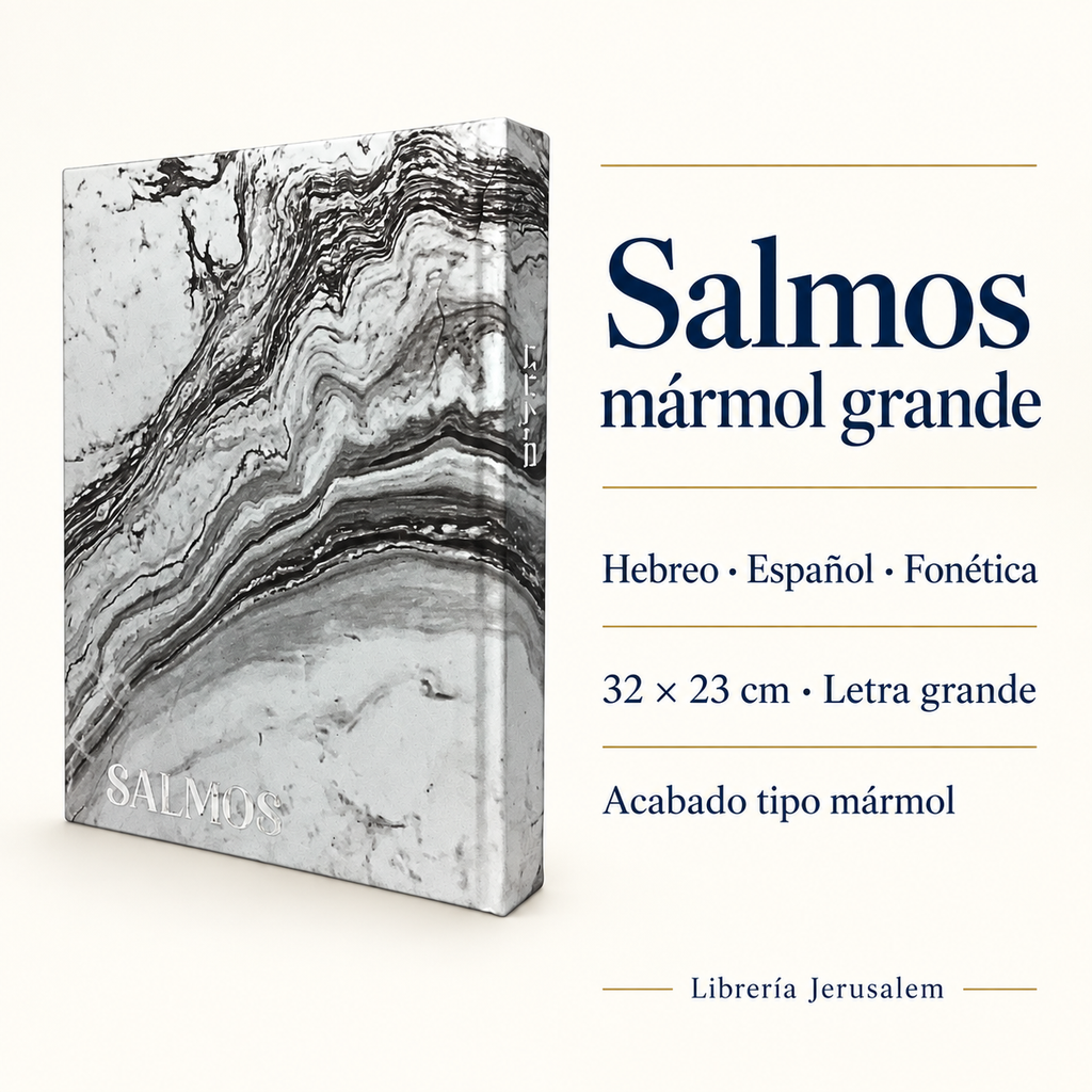 Salmos mármol grande: ficha visual con Hebreo · Español · Fonética, 32 × 23 cm · Letra grande, Acabado tipo mármol.