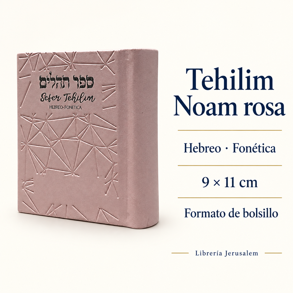 Tehilim Noam rosa: ficha visual con Hebreo · Fonética, 9 × 11 cm, Formato de bolsillo.