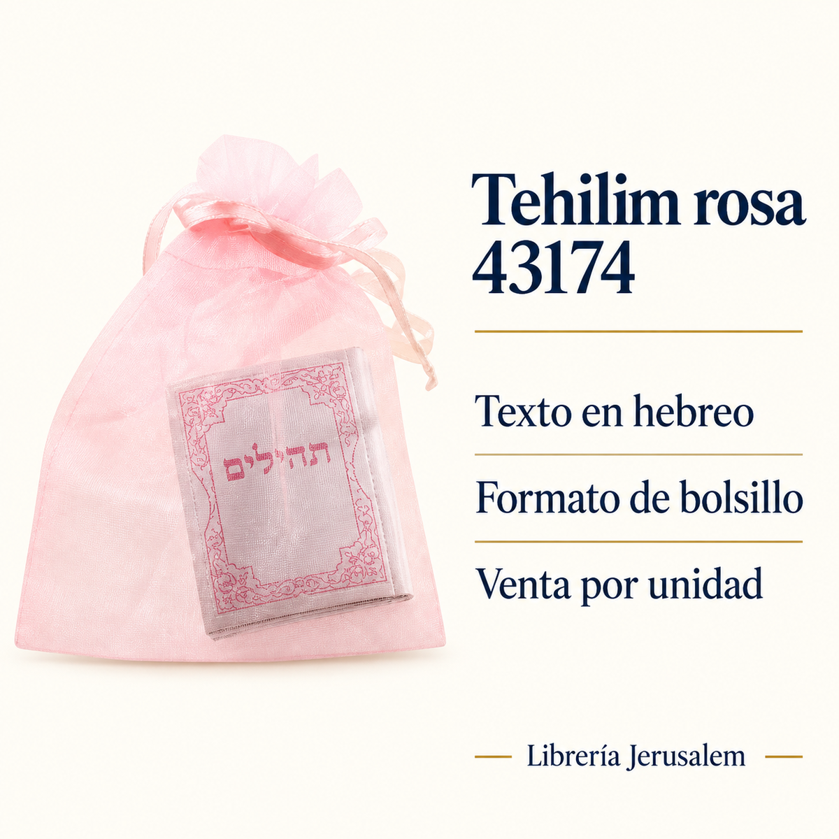 Tehilim rosa 43174: ficha visual con Texto en hebreo, Formato de bolsillo, Venta por unidad.