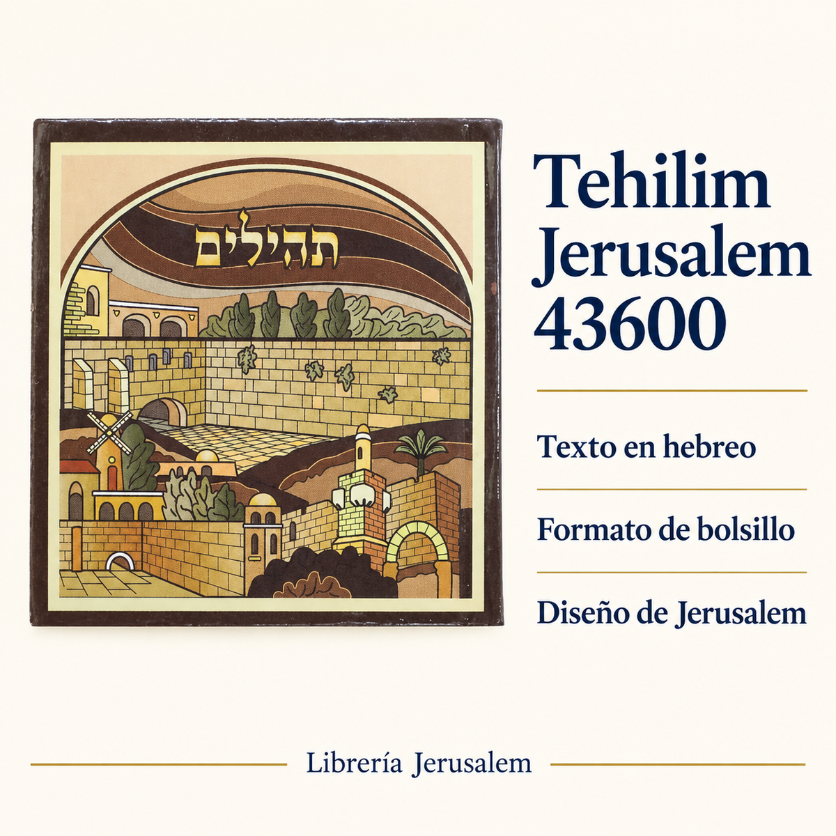 Tehilim Jerusalem 43600: ficha visual con Texto en hebreo, Formato de bolsillo, Diseño de Jerusalem.