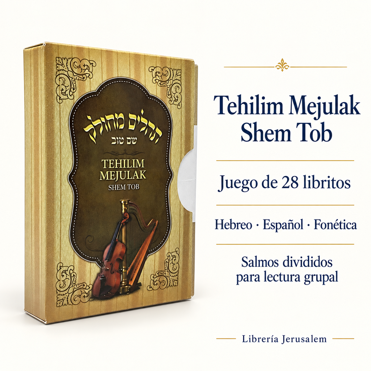 Tehilim Mejulak Shem Tob: ficha visual con Juego de 28 libritos, Hebreo · Español · Fonética, Salmos divididos para lectura grupal.