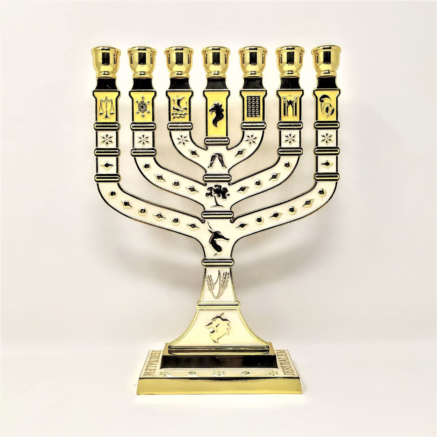 Menora 7 brazos Tiferet Yerushalaim 27 cm Blanco dorado 96144