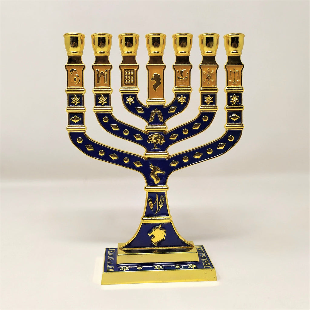 Menora 7 brazos Tiferet Yerushalaim 18 cm azul dorado 96145