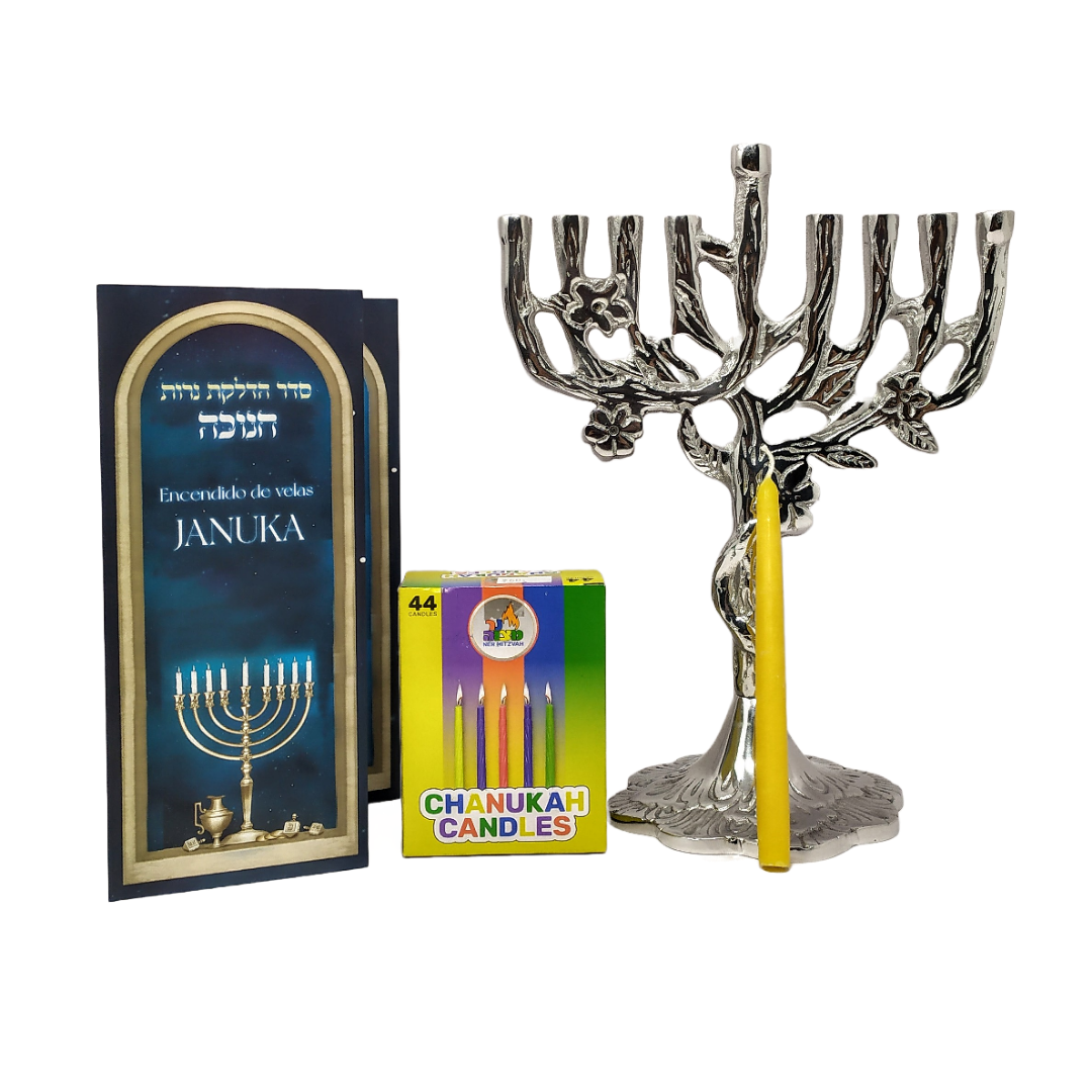 Pewter 9-branch menorah set with candle tree 11370