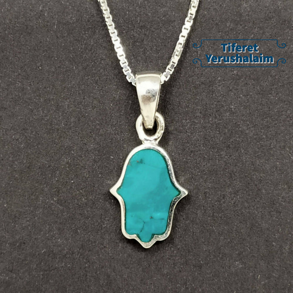 Silver hamsa necklace with turquoise opal