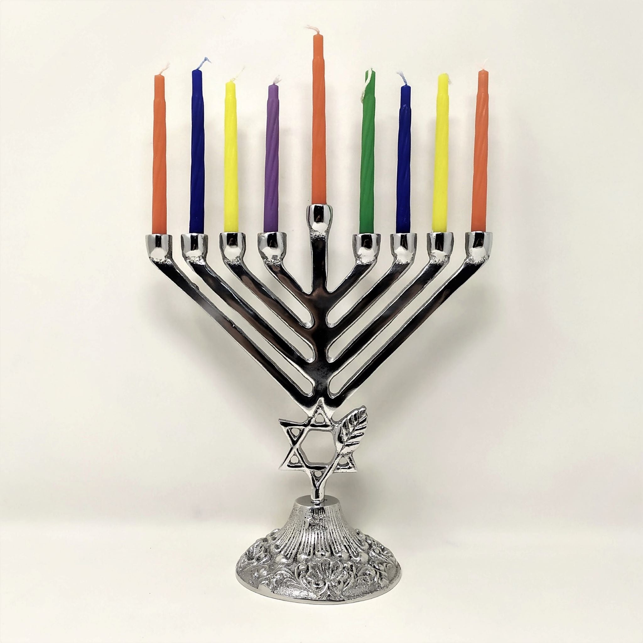 9-branched pewter hanukiah, small, decorated candle holder, 11332