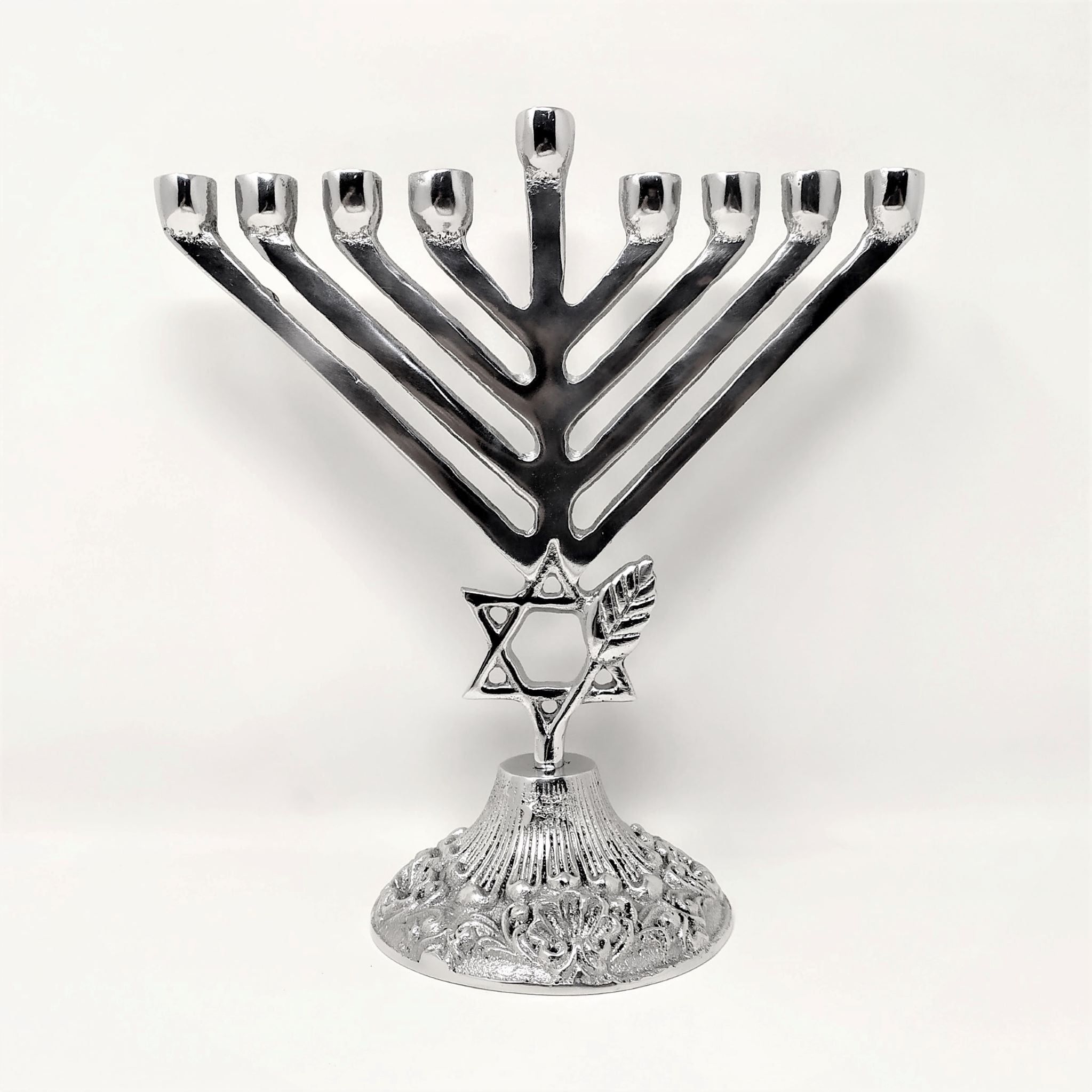 9-branched pewter hanukiah, small, decorated candle holder, 11332