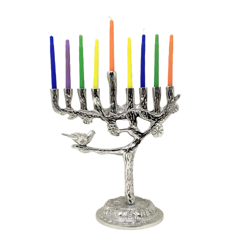 9-branch pewter hanukiah tree with bird for candles 16724