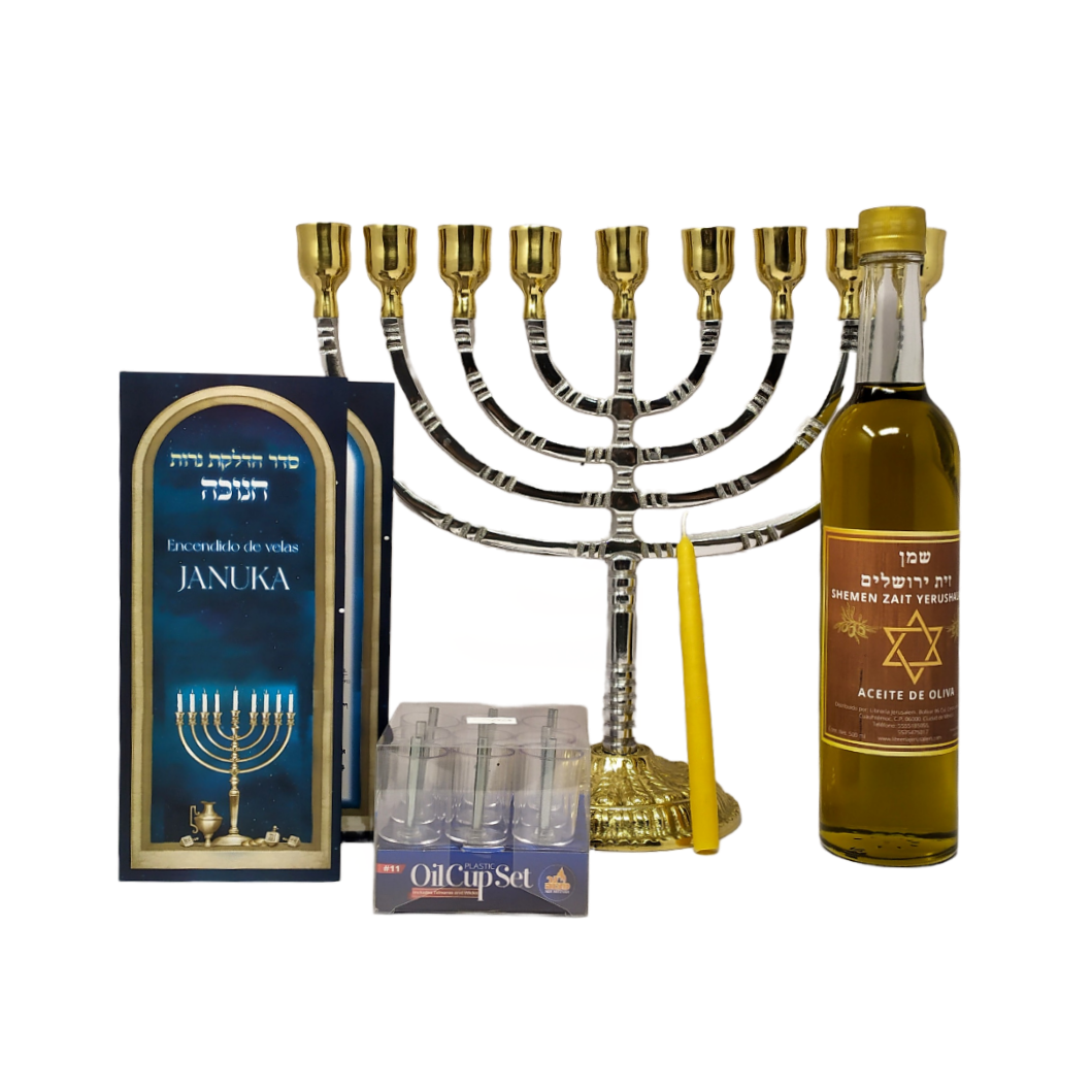 Pewter menorah set with base and bronze containers 11364