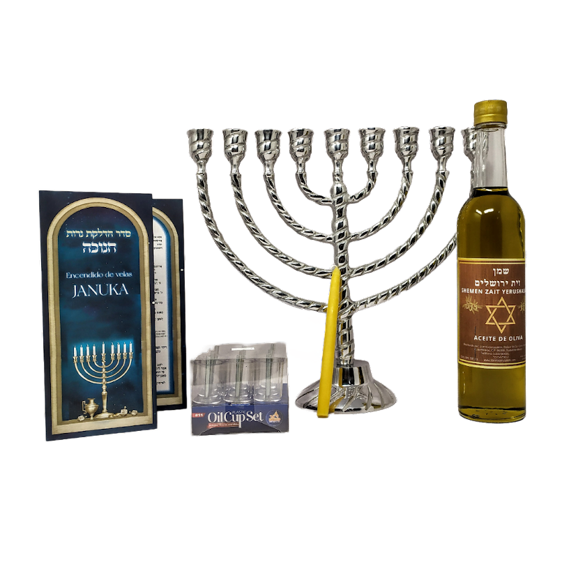 Silver-plated braided pewter chanukiah set 11373