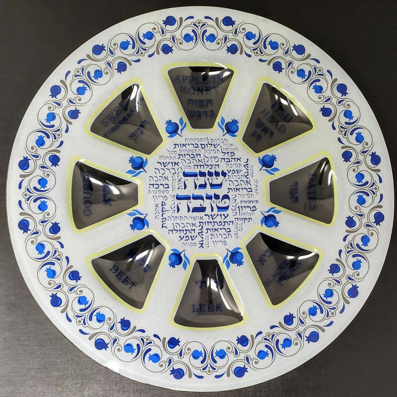 Platon Elegante para Rosh Hashana Vidrio Transparente Blanco con Celeste 46211 - Libreria Jerusalem Centro