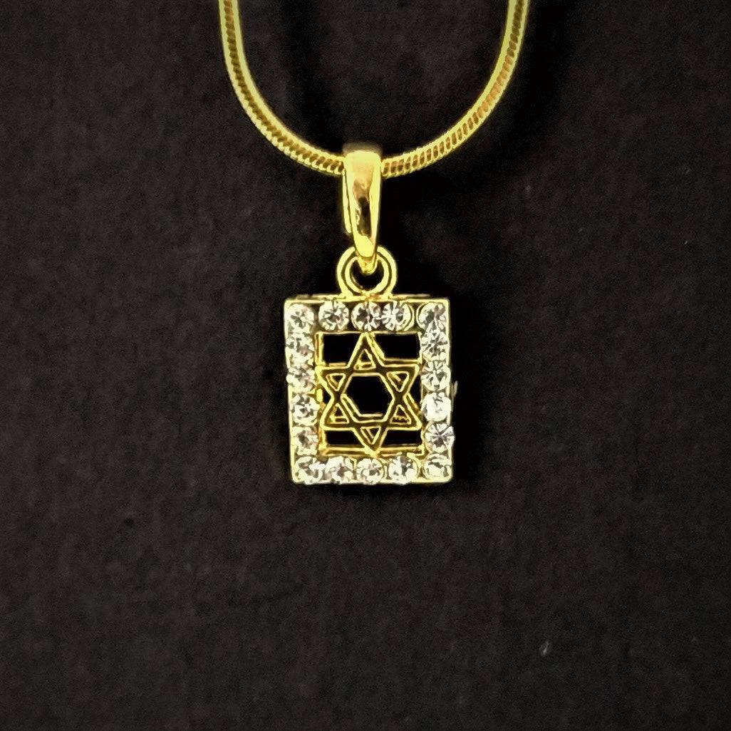 Collar de rodio cuadro dorado con brillantes y maguen 10961 - Libreria Jerusalem Centro