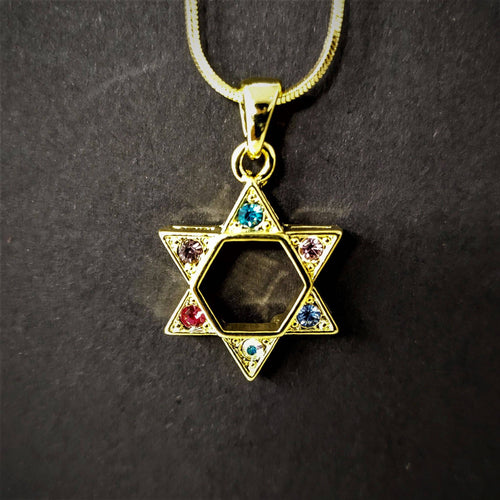 Collar de rodio maguen David dorado con puntas de piedras de colores 10960 - Libreria Jerusalem Centro
