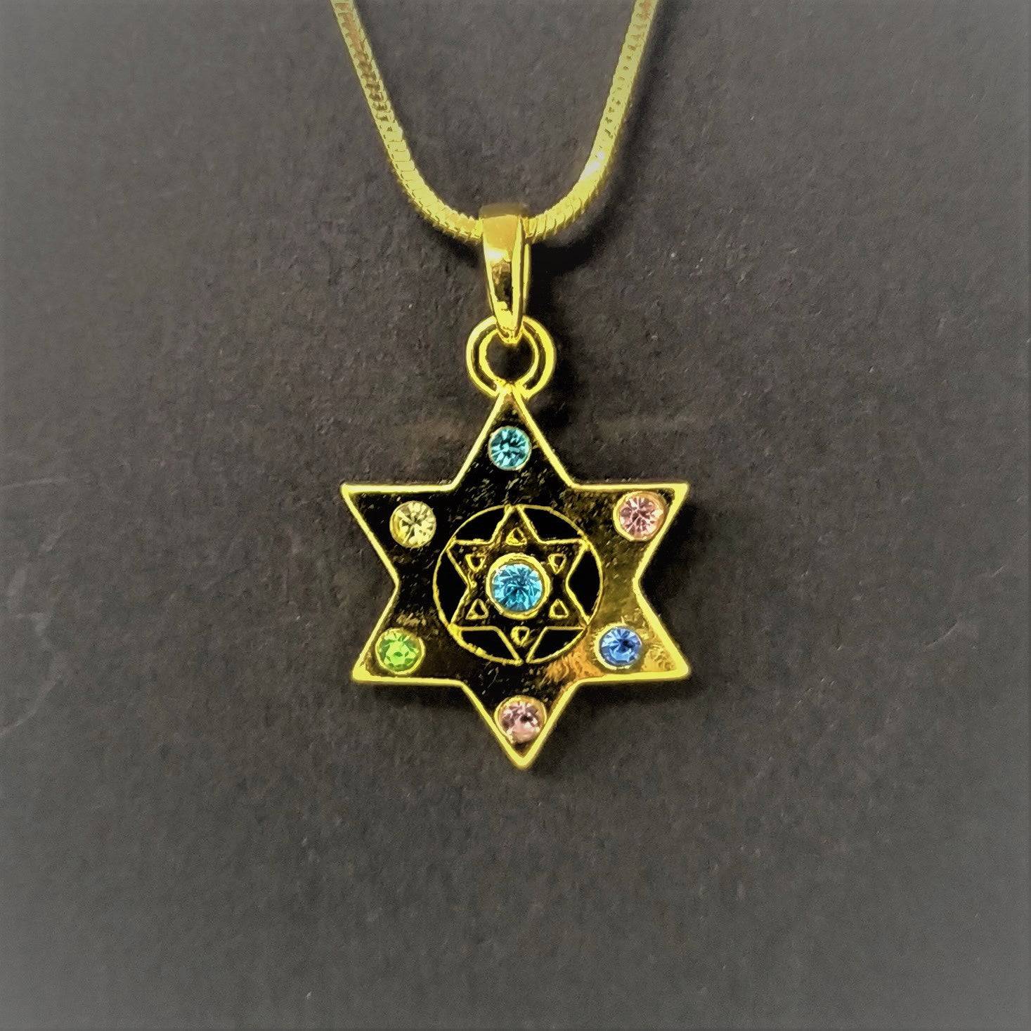 Collar de rodio maguen David dorado liso con piedras de colores 10958 - Libreria Jerusalem Centro