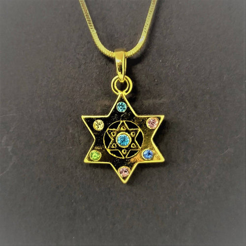 Collar de rodio maguen David dorado liso con piedras de colores 10958 - Libreria Jerusalem Centro