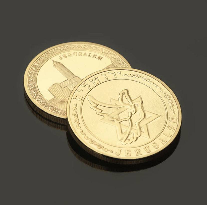 Moneda de coleccion Dorada de Torre de David con Maguen y Paloma - Libreria Jerusalem Centro