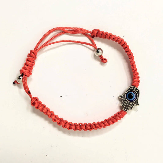 Pulsera hilo rojo trenzado  hamsa y ojito 1 plateada - Libreria Jerusalem Centro