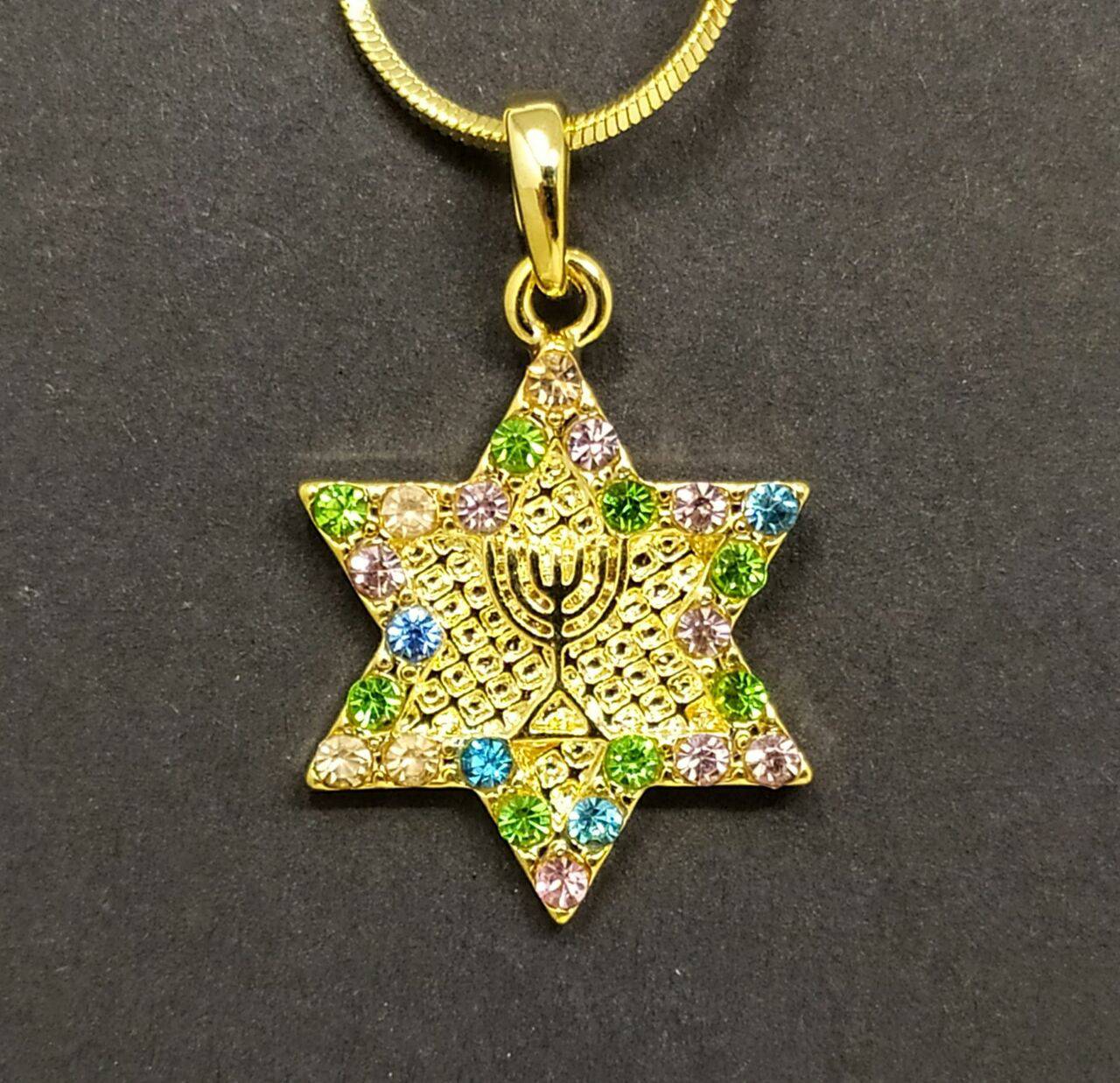 Collar rodio maguen david dorado piedras colores 10427 - Libreria Jerusalem Centro