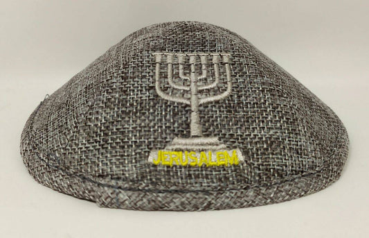 Kipá tela gris oscuro menorah con amarillo 13702 - Libreria Jerusalem Centro