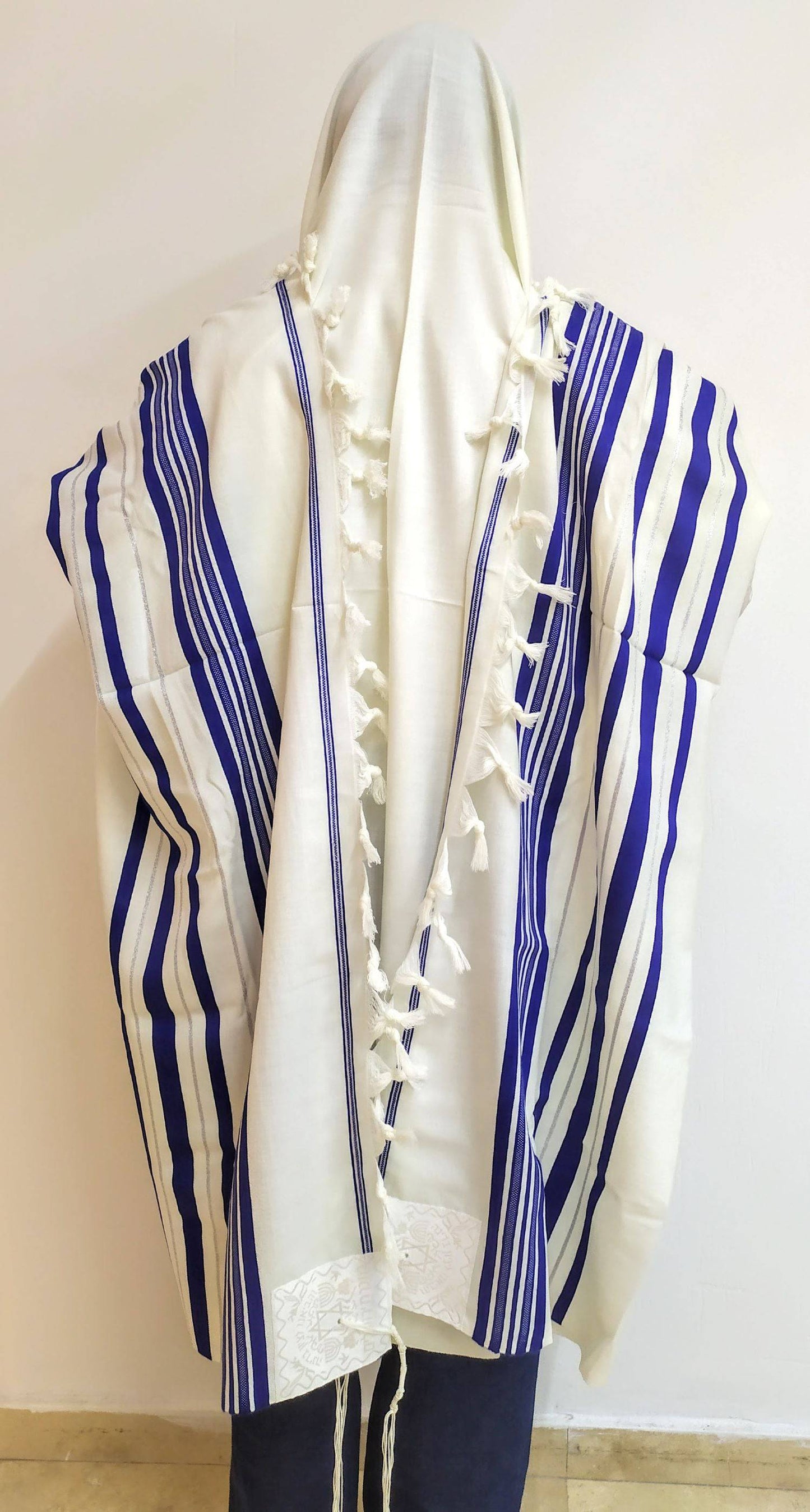 Talit de lana talla 50 azul con franjas plateadas talitania - Libreria Jerusalem Centro