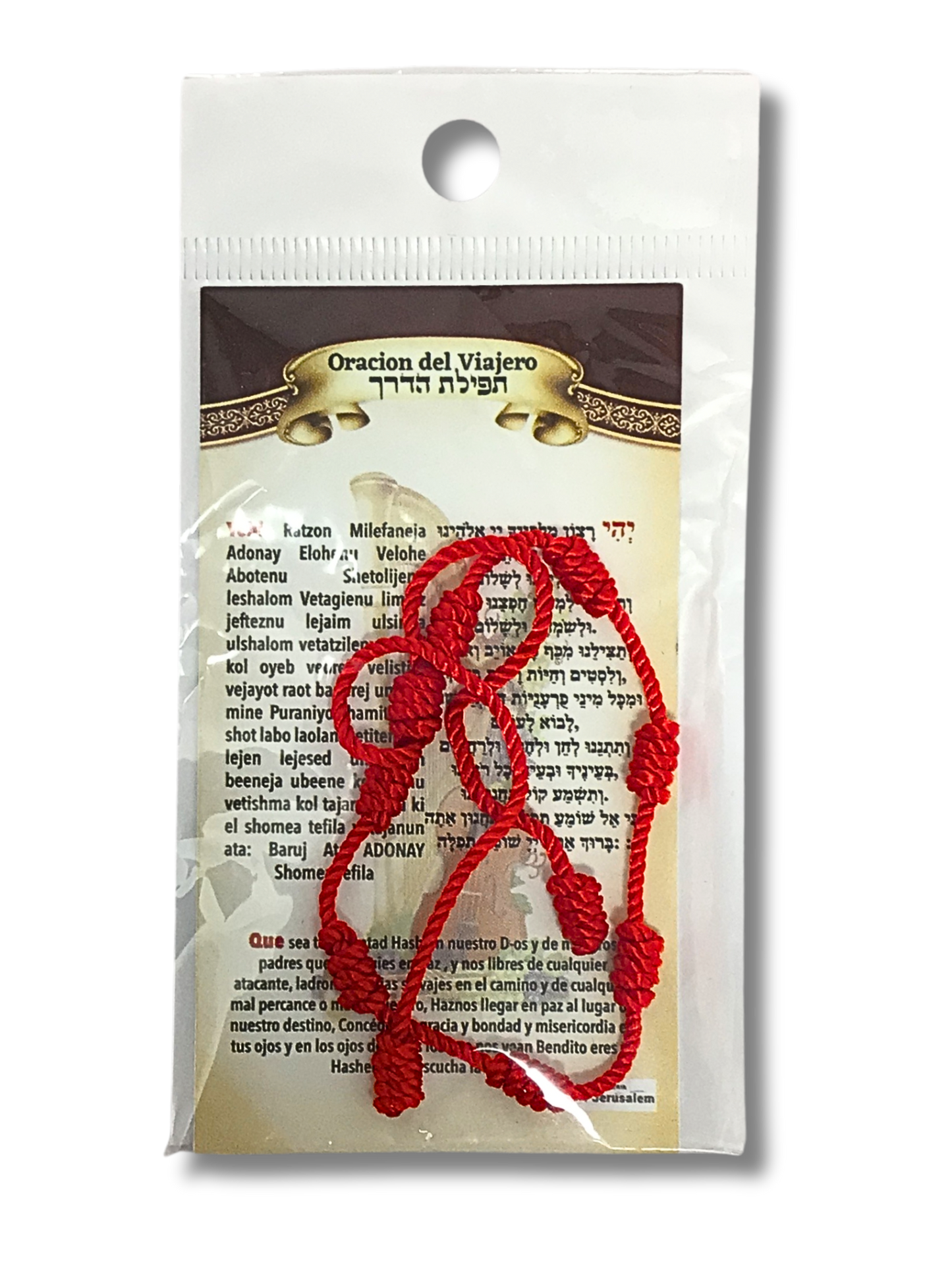 Hilo rojo de 7 nudos con tarjeta oración del viajero mini 1809