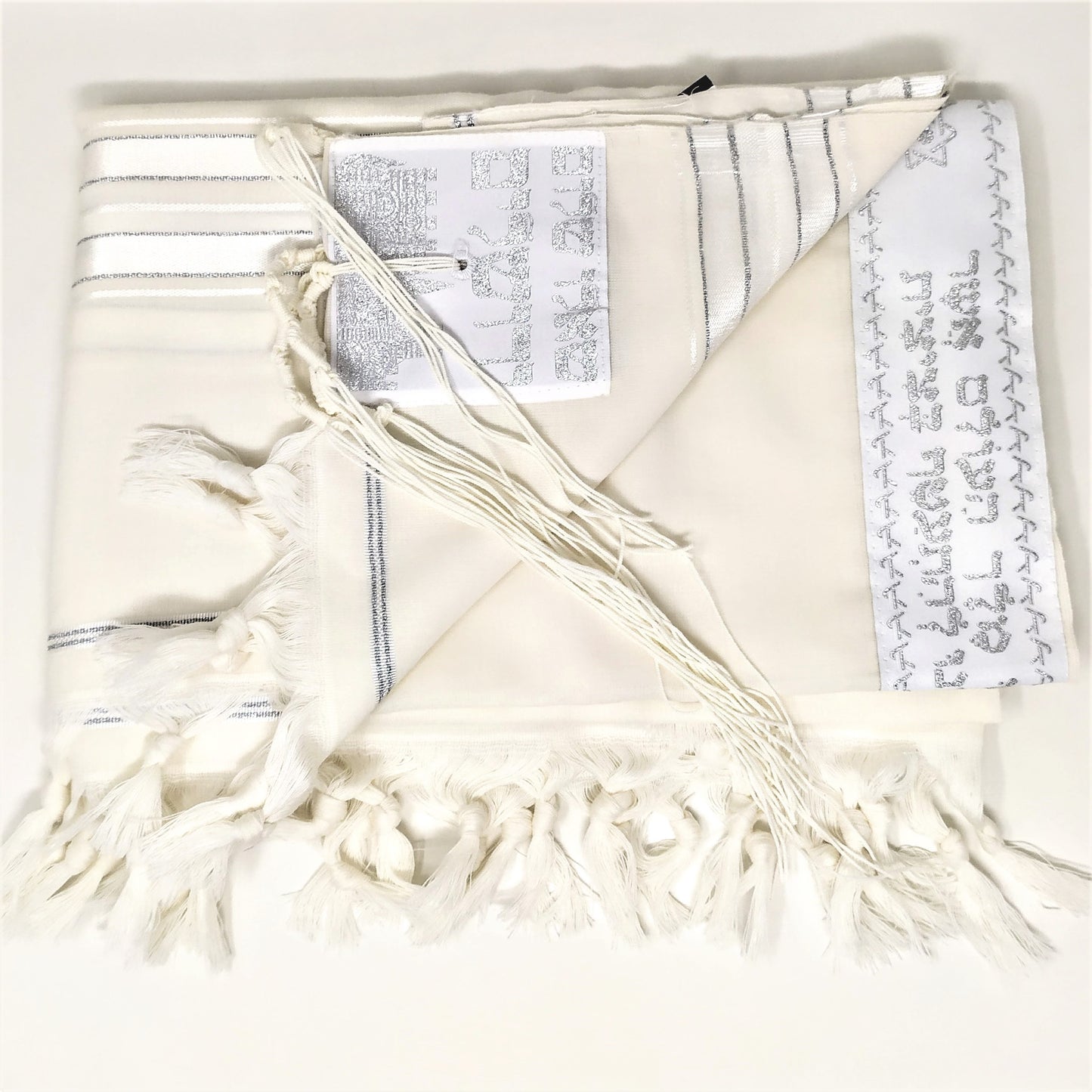 Talit de lana talla 55 blanco con franjas plateadas talitania 11251